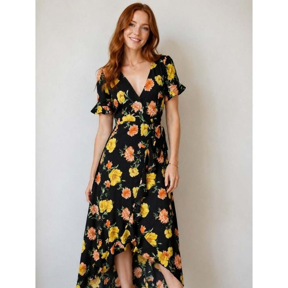 Forever 21 Floral Dress Size M Black Yellow Wrap High Low - Picture 1 of 6